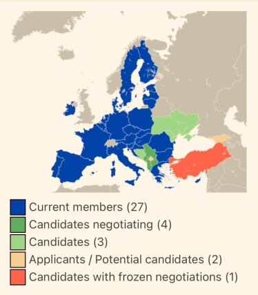 Євросоюз об'єднує 27 держав-членів, що розташовані в Європі.