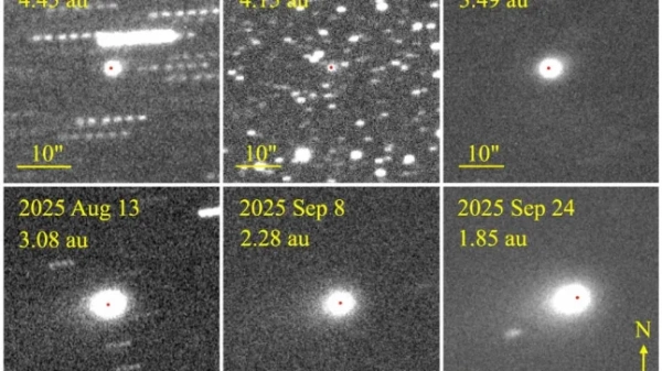 Незабаром ми точно дізнаємося, чи є комета 3I/ATLAS міжгалактичним троянським конем, якого відправили випускати крихітні зонди, ховаючись за Сонцем. Зображення показують, як комета змінилася з літа: червона точка, що показує найяскравіший піксель, здається, має зворотний напрямок.