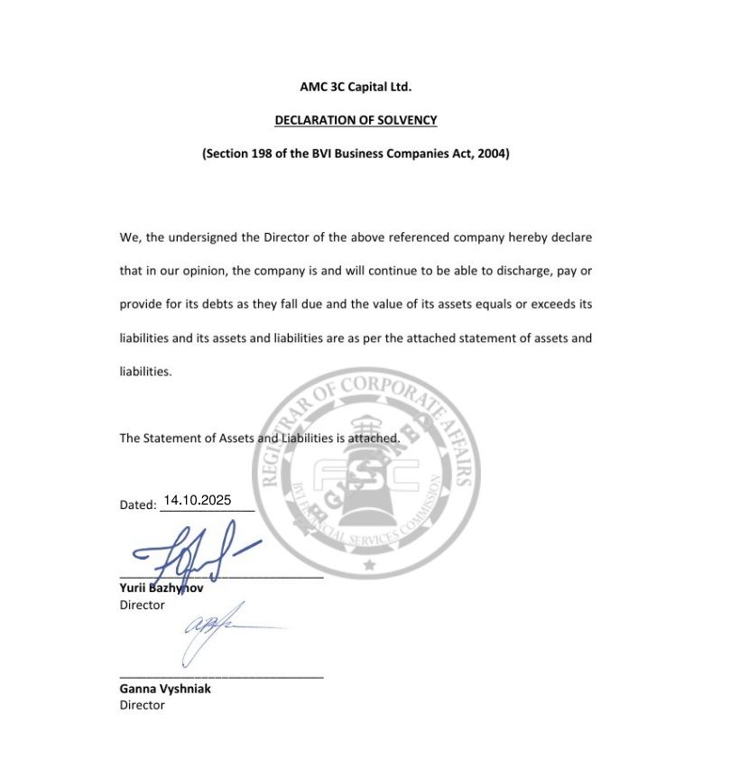 NotAMC 3C Capital Ltd.BC NO. 2116919THE BVI BUSINESS COMPANIES ACT, 2004(in Voluntary Liquidation) AMC 3C Capital Ltd. Announces Voluntary Liquidation Under BVI Business Companies Act - INFBusiness