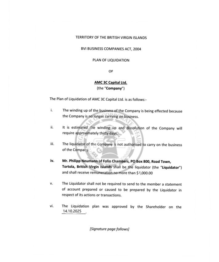 NotAMC 3C Capital Ltd.BC NO. 2116919THE BVI BUSINESS COMPANIES ACT, 2004(in Voluntary Liquidation) AMC 3C Capital Ltd. Announces Voluntary Liquidation Under BVI Business Companies Act - INFBusiness
