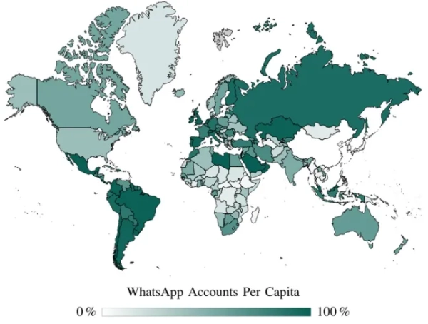 Використання WhatsApp на душу населення (Зображення: WhatsApp census/Github)