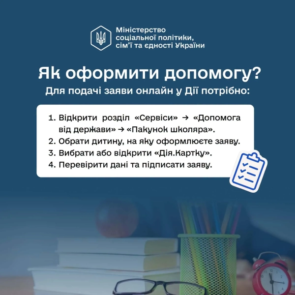 Покрокова інструкція оформлення допомоги, джерело: Мінсоцполітики Пакунок школяра 2026 на 5000 грн - хто ще не встиг, може подати заяву до 1 листопада 3