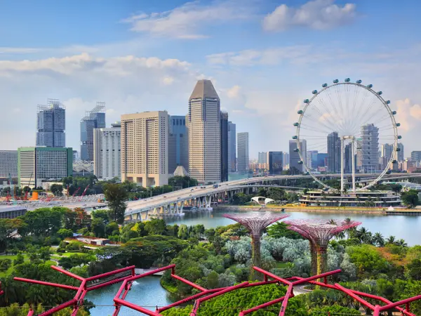 Пейзаж Сінгапуру з Singapore Flyer, набережною Marina Bay, мостом та зеленню Gardens by the Bay під хмарним небом.