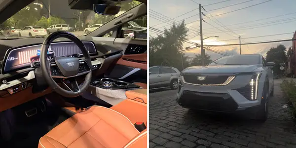 Зліва: передній ряд салону Cadillac Optiq. Справа: передня решітка електромобіля.