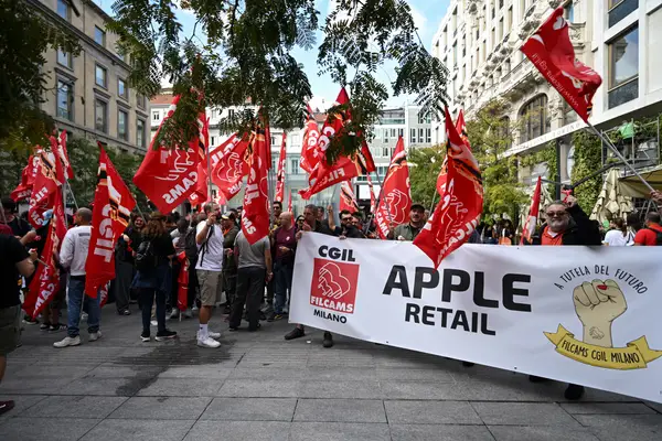 A protest outside an Apple store in Milan, Italy.