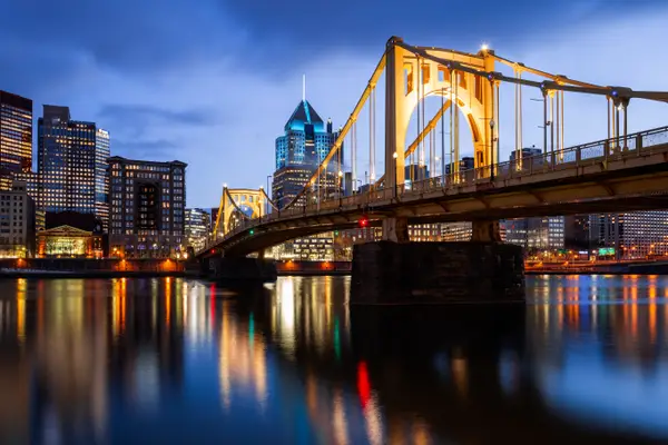 Shot of the Roberto Clemente Bridge in downtown Pittsburgh